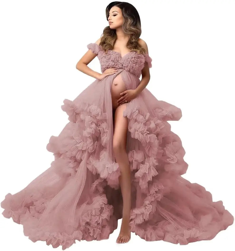 Photoshoot & Baby Shower Tulle Maternity Dress - Puffy Ruffles, Sheer Design, Bridal Lingerie Bathgown for Pregnancy Peaceful Pleasures Health and Wellness Dusty Rose US 18W