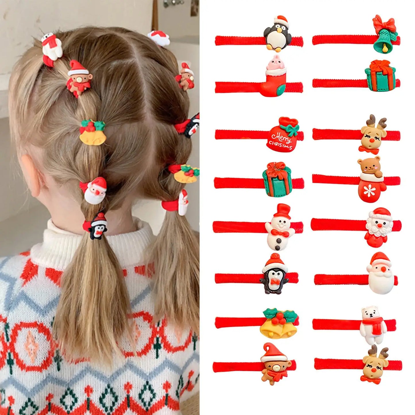 10-Pack Christmas Hair Ties – Santa & Snowman Elastic Bands