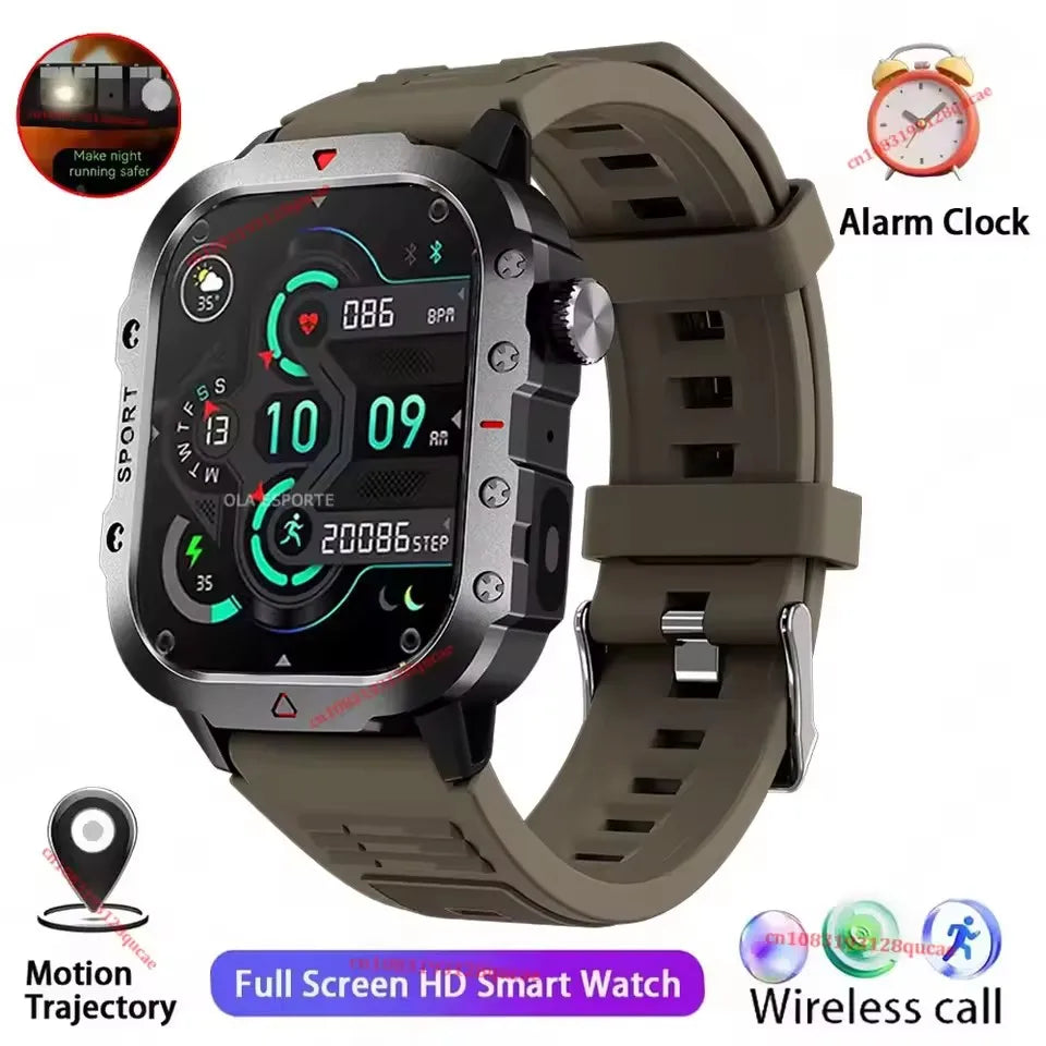 2026 New Military Outdoor Smart Watch Men's GPS Flashlight Bluetooth Call 2.01" AMOLED Screen 3ATM Waterproof Sports Smartwatch Peaceful Pleasures Health and Wellness Brown Smartwatch