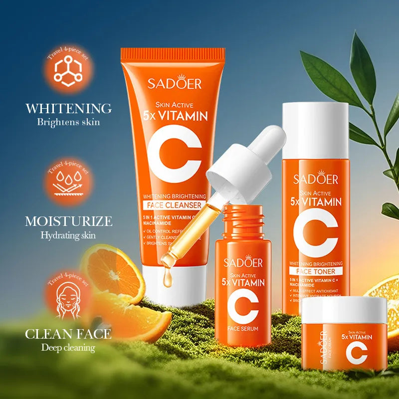 4pcs/box SADOER 5x Vitamin C Kit Whitening Moisturizing Travel Set(Facial Cleanser, Toner, Serum, Face Cream） Peaceful Pleasures Health and Wellness