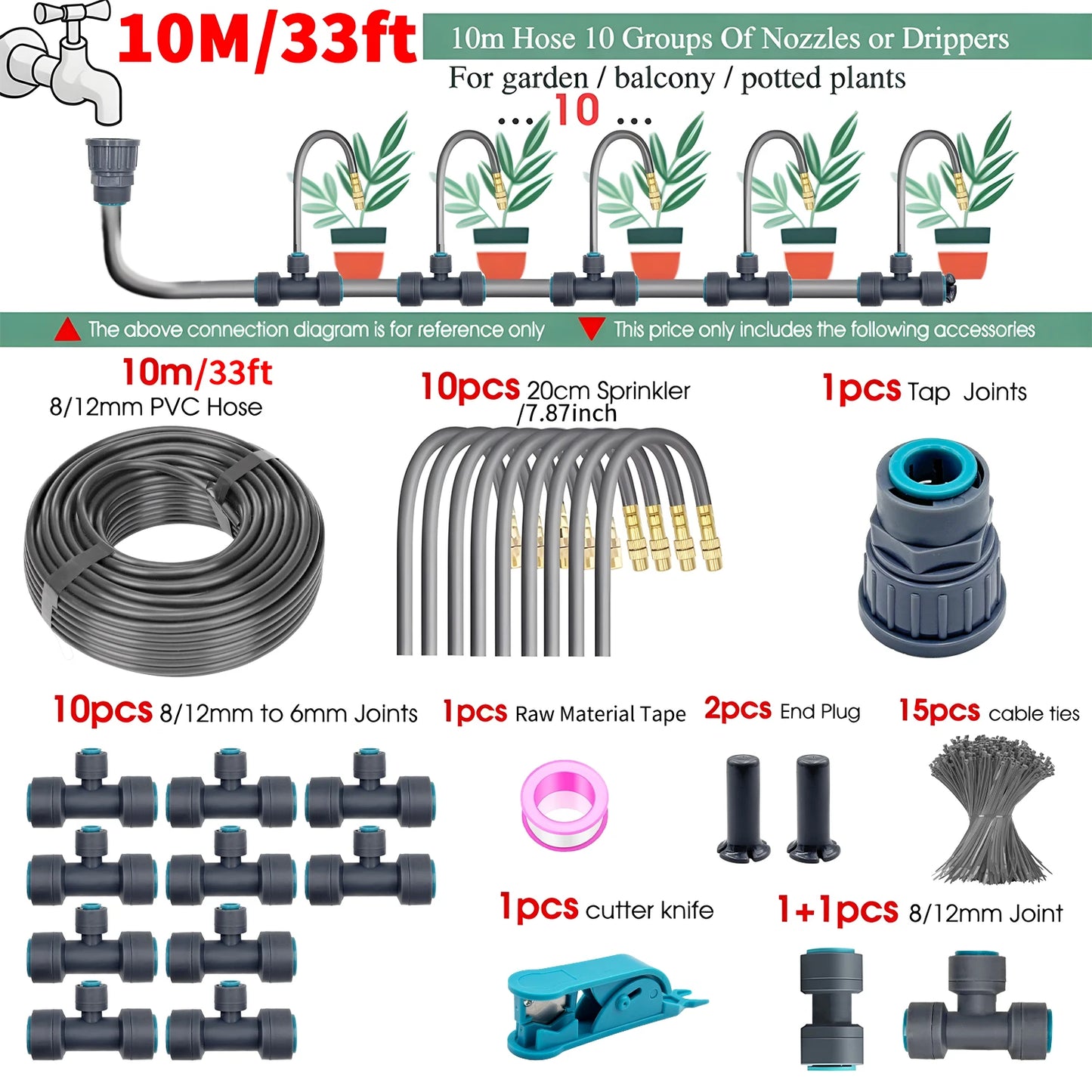 Flexible Brass Adjustable Spray Kit Gray 3/8"PE Hose Quick Connect Fogging Cooling Dedusting Watering System for Garden Peaceful Pleasures Health and Wellness 10m Kit