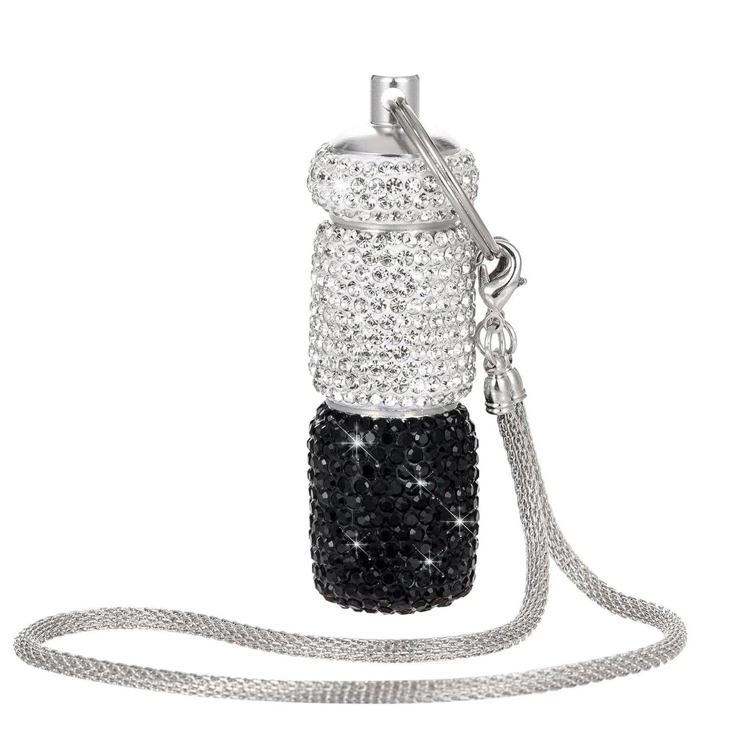 Bling Keychain Pill Box 2 Compartments Small Travel Pill Case Organizer Crystal Diamond Medicine Bottle Pill Bottle Keychain Peaceful Pleasures Health and Wellness Black-Keychain
