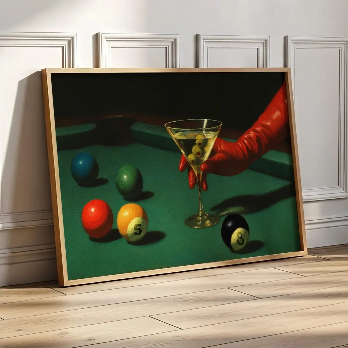 Vintage Dive Bar Martini Pool Poster Art, Retro Billiards Smoking Cocktail Oil Painting Art, Lucky 8 Ball Print, Peaceful Pleasures Health and Wellness TR12279-4 40x50cm Unframed