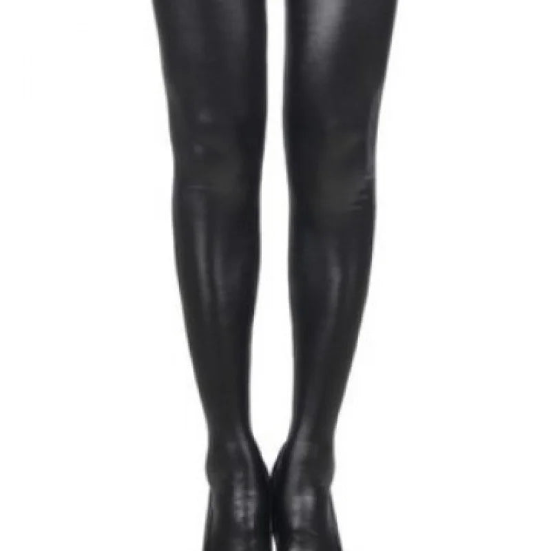 Faux Leather High-Tube Stockings with Metal Decorations