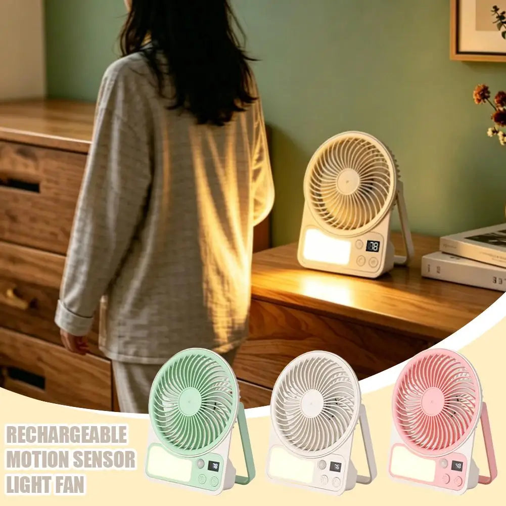 USB Rechargeable Motion Sensor Fan with Light Portable Desk Fan for Dorm Bedroom Camping Quiet Small Fan Long Battery Life Auto Peaceful Pleasures Health and Wellness