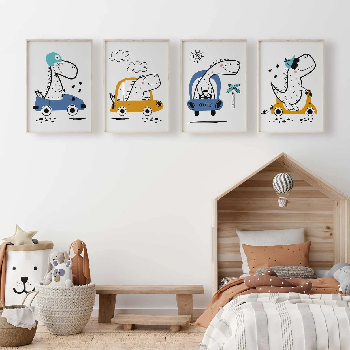4-Piece Cartoon Dinosaur Canvas Wall Art | Kids Room Decor