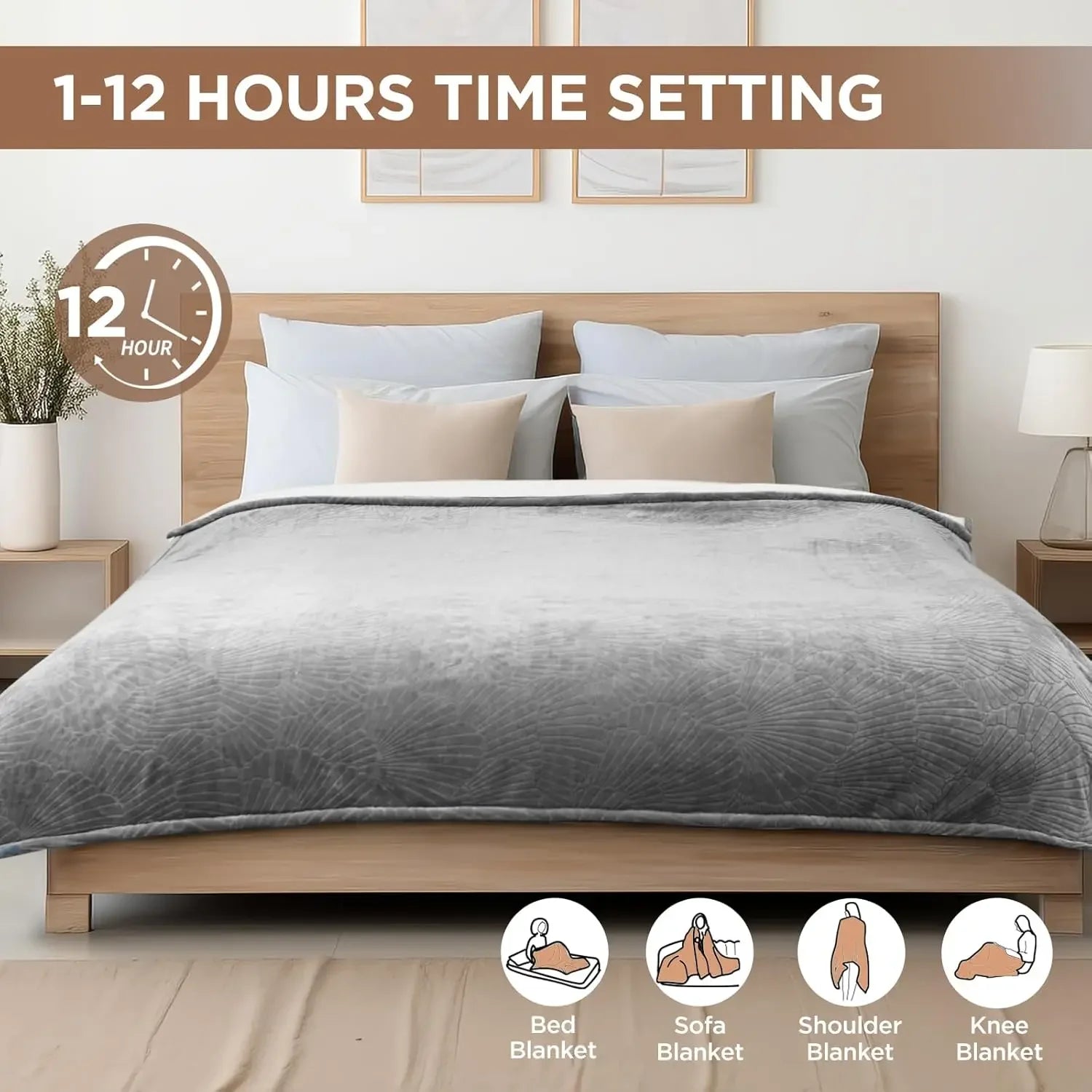 Twin Size Heated Blanket with 10 Heat Levels, Auto-Off Timer, Reversible Flannel to Sherpa Design, 62x84 Inch Grey Peaceful Pleasures Health and Wellness