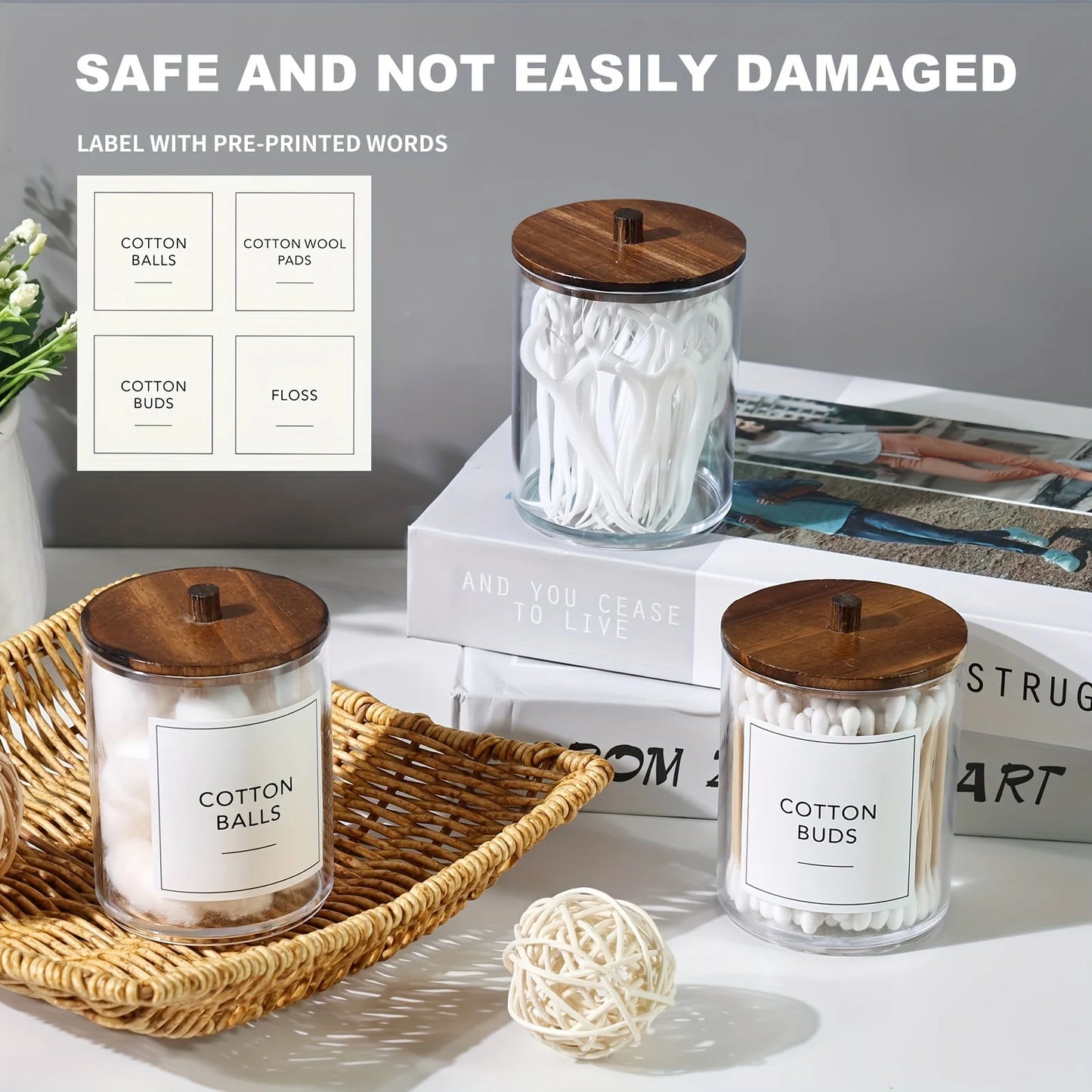 Qtip Holder Apothecary Jars with Wood Lids – 4 Pack Clear Plastic Vanity Organizer Storage Containers (10 oz)