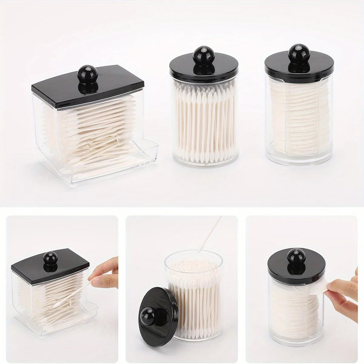 Apothecary Jars with Black Lids – 3 Pack Qtip Holder & Bathroom Storage Containers
