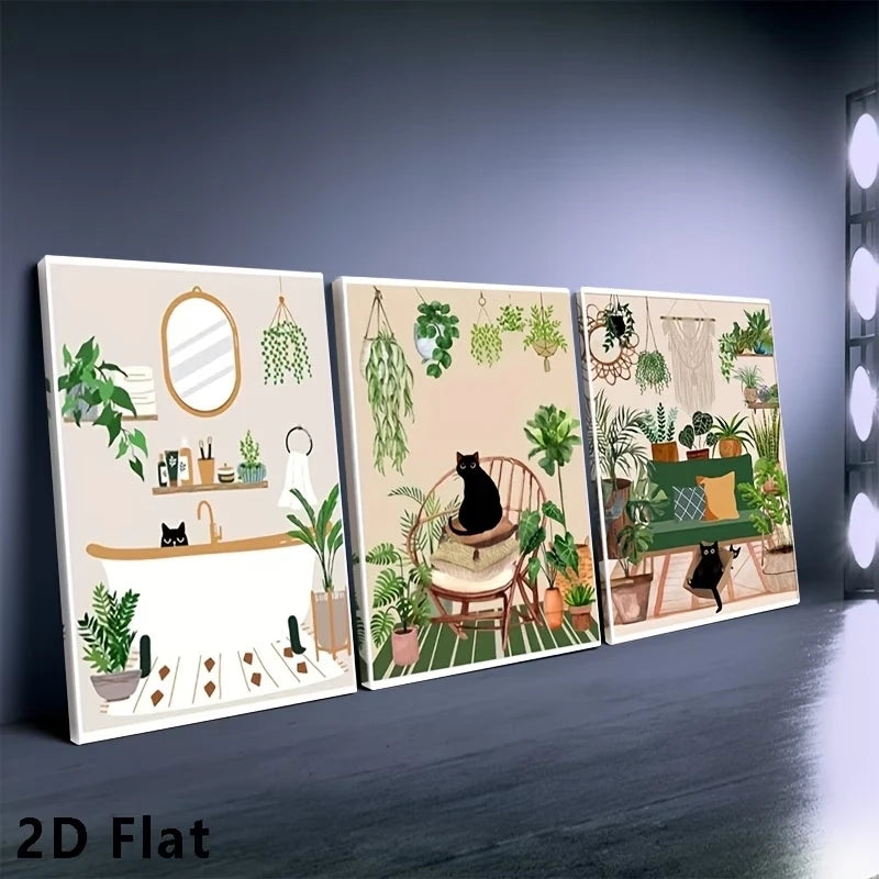 3-Piece Black Cat & Green Plant Canvas Wall Art Print Set