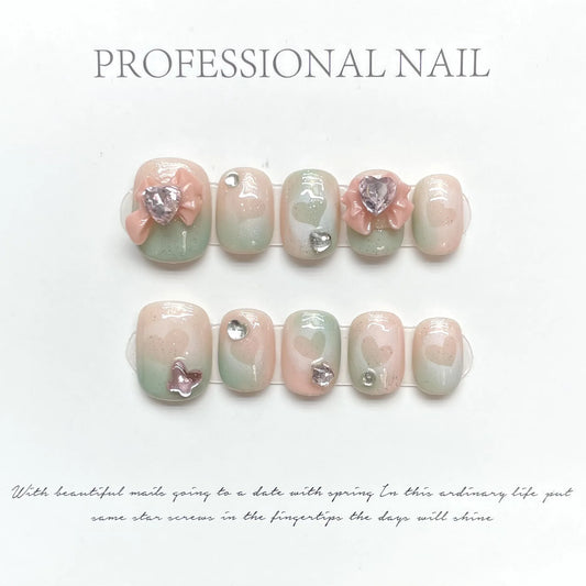Korean Short Press On Nails – Pink Bow Diamond False Nails Press On Nails Peaceful Pleasures Health and Wellness L 1
