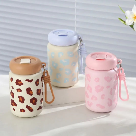 350ml Dopamine Leopard Print Insulated Cup 304 Stainless Steel Mini Straw Portable Car Coffee Cup with Drawstring Water Cup Peaceful Pleasures Health and Wellness