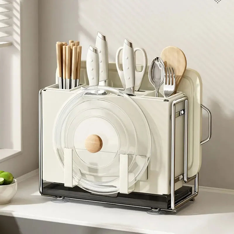 Simple Chopsticks Cutlery Bucket Knives Rack Pot Lid Cutting Board Storage Shelf Kitchen Multifunctional Rack With Drainage Tray Peaceful Pleasures Health and Wellness