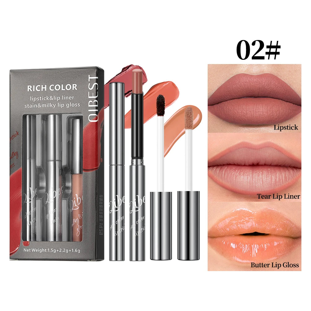 QIBEST New 3pcs Liquid Lipstick + Lip Liner +Lip Glaze Makeup Set Nude Black Velvet Lip Gloss Tint Long Lasting Cosmetics Kits Peaceful Pleasures Health and Wellness SET 02