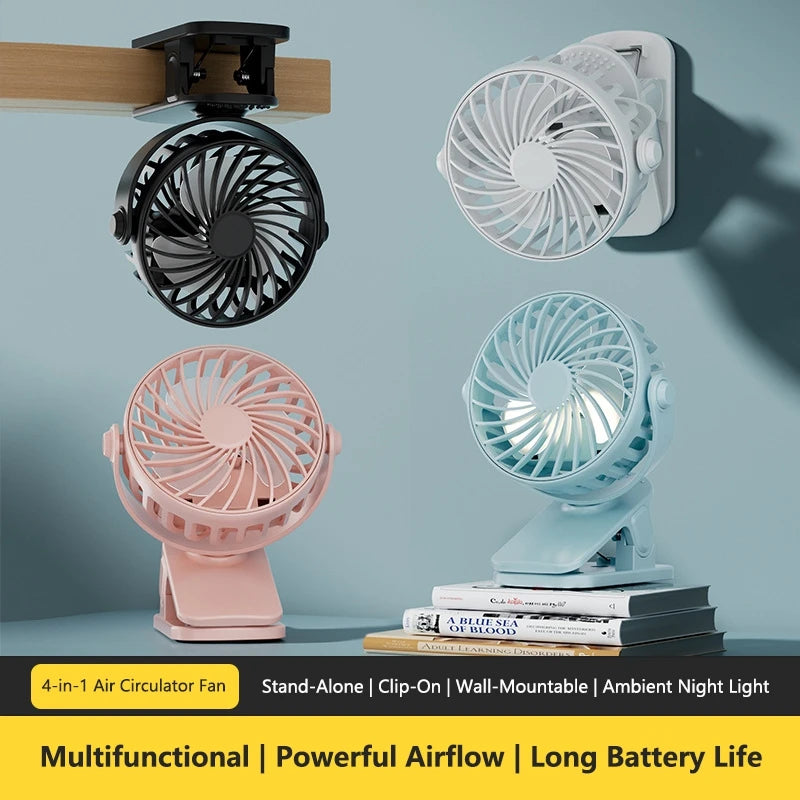 Portable Electric Fan 720° Rotating Hanging Clip Fan With Night Light Rechargeable Air Cooler For Outdoor Camping Fan Peaceful Pleasures Health and Wellness
