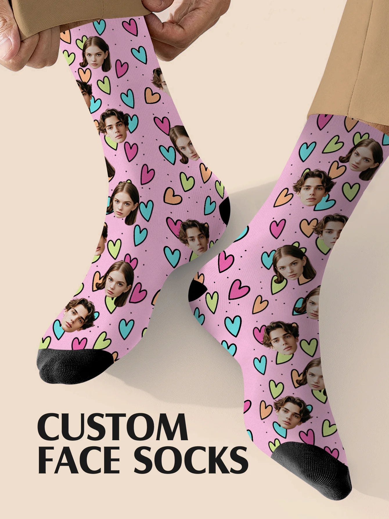 Custom Couple Face Socks Personalized Pink Photo Socks 2 Faces Printed Funny Socks Anniversary Valentine Gift Peaceful Pleasures Health and Wellness