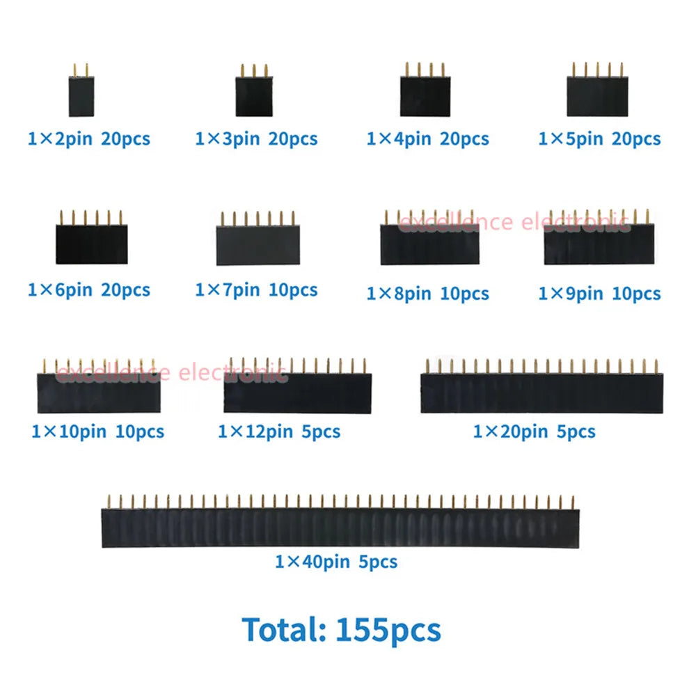 155pcs/Box 2.54mm Single Row Pin Socket Female Header Connector 2/3/4/5/6/7/8/9/10/12/20/40pin PCB Board Combination Kit Peaceful Pleasures Health and Wellness