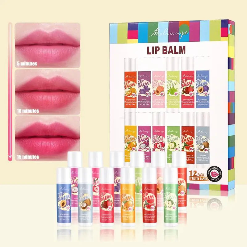 12-Piece Color Changing Lip Balm Set – Moisturizing Fruit Flavor
