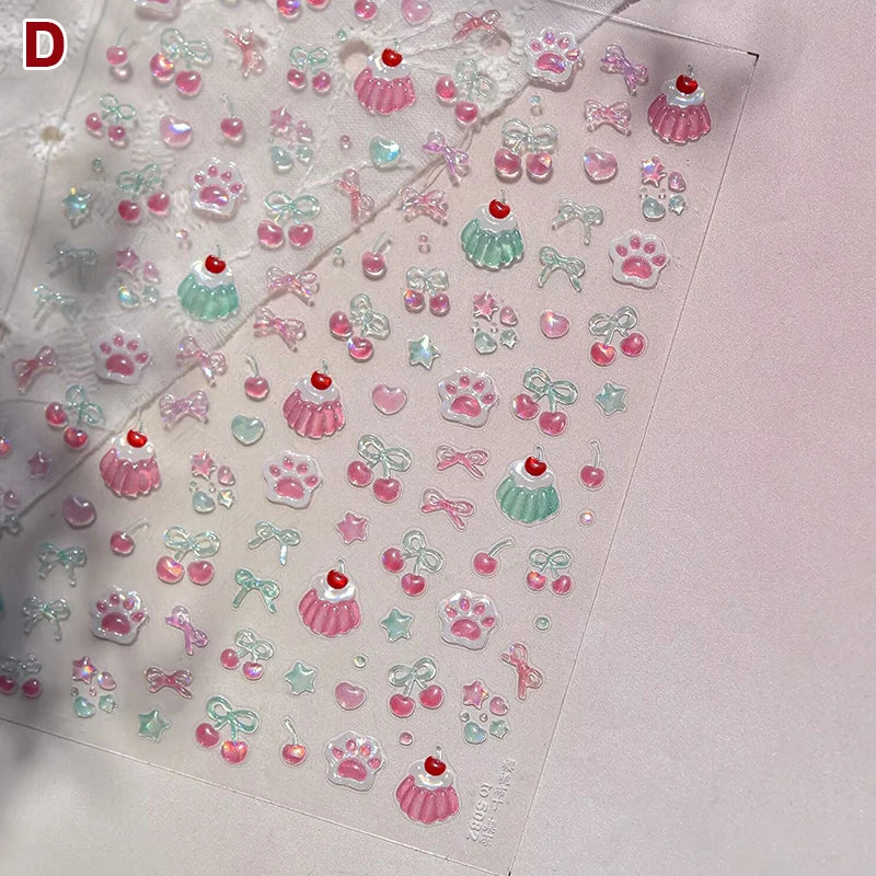Fresh Sweet Fruits Strawberry Cherry Bowknot Love Heart Bow 5D Nail Art Stickers Self Adhesive Decorations Nail Manicure Decal Peaceful Pleasures Health and Wellness D