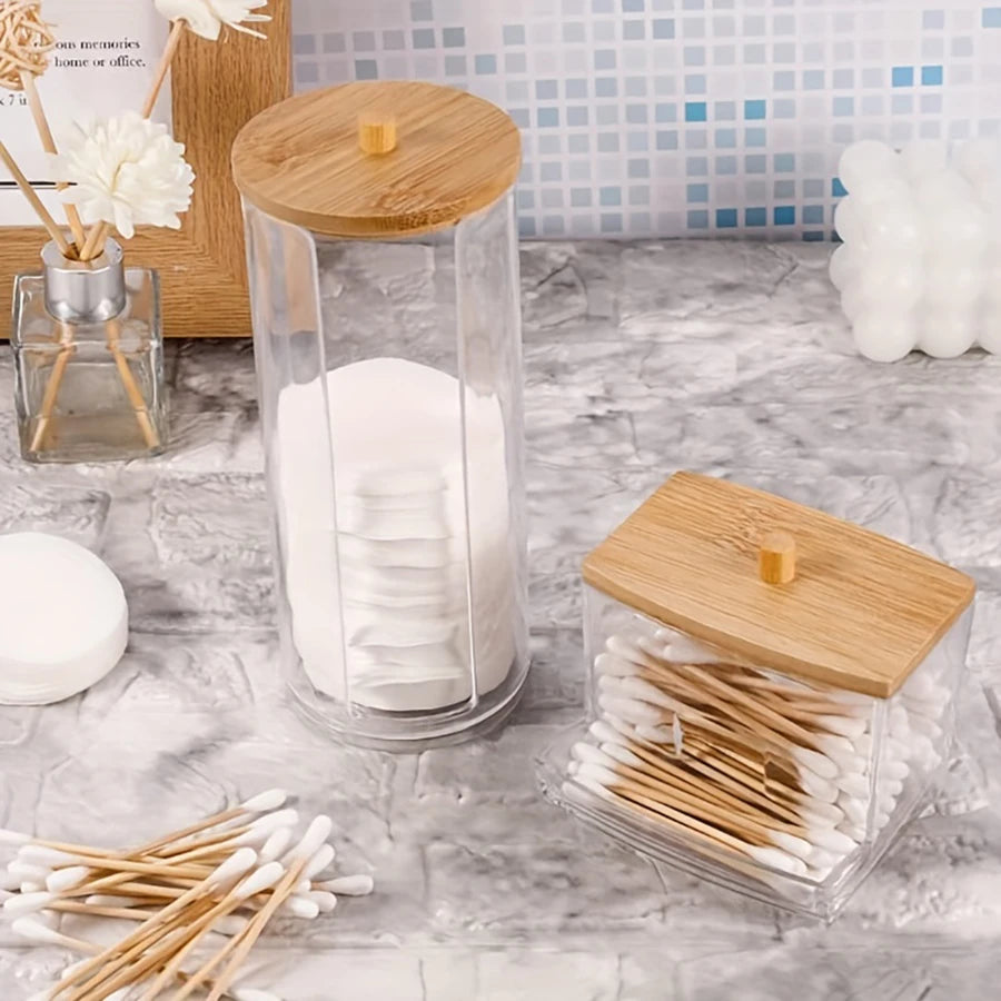 Acrylic Round Swab Dispenser with Lid – 2-Pack Clear Makeup Organizer for Bathroom Storage