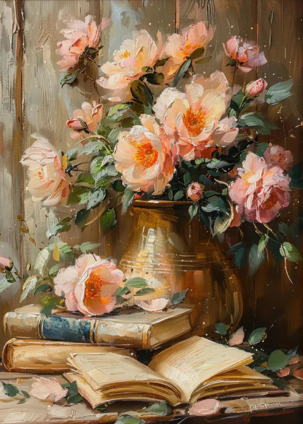 Books & Flowers Vintage Canvas Wall Art | Pink Farmhouse Print