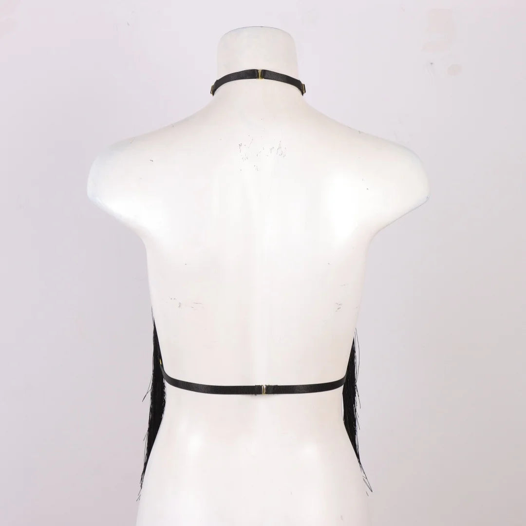 UYEE Women's Black Halter Tassel Detail Adjustable Elastic Harness