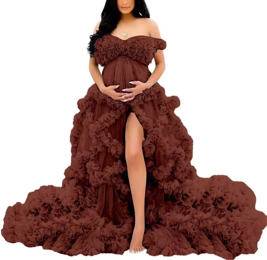 Photoshoot & Baby Shower Tulle Maternity Dress - Off Shoulder, Puffy Ruffles, Elegant Long Robe for Pregnancy Peaceful Pleasures Health and Wellness Rust Red US 2