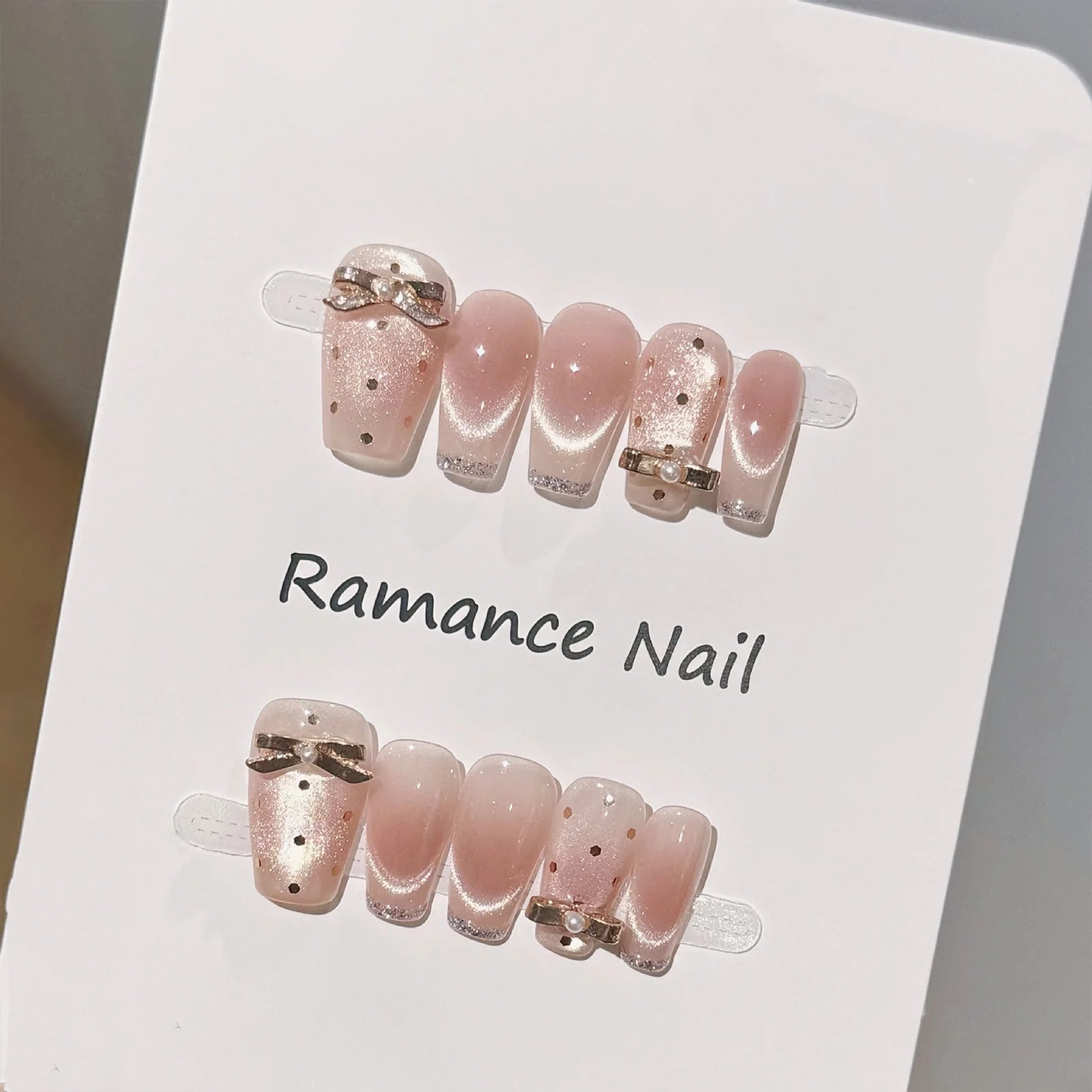 10PCS Handmade Cat's Eye Fake Nails Wearable Glitter French Tip Press on Nails 3D Metal Bow Decor Ballet False Nails Detachable Peaceful Pleasures Health and Wellness XS