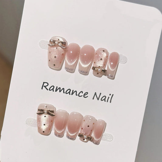 10PCS Handmade Cat's Eye Fake Nails Wearable Glitter French Tip Press on Nails 3D Metal Bow Decor Ballet False Nails Detachable Peaceful Pleasures Health and Wellness XS