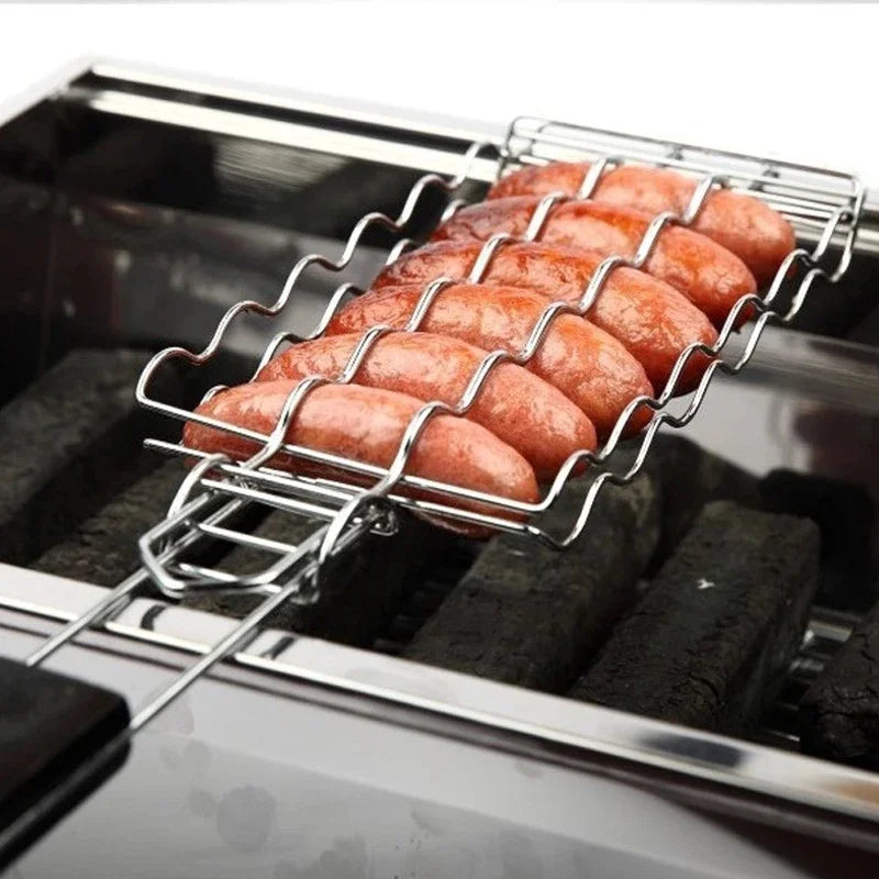 Hot Dog Grill Basket – 6-Sausage BBQ Rack with Wooden Handle BBQ Grill Basket Peaceful Pleasures Health and Wellness