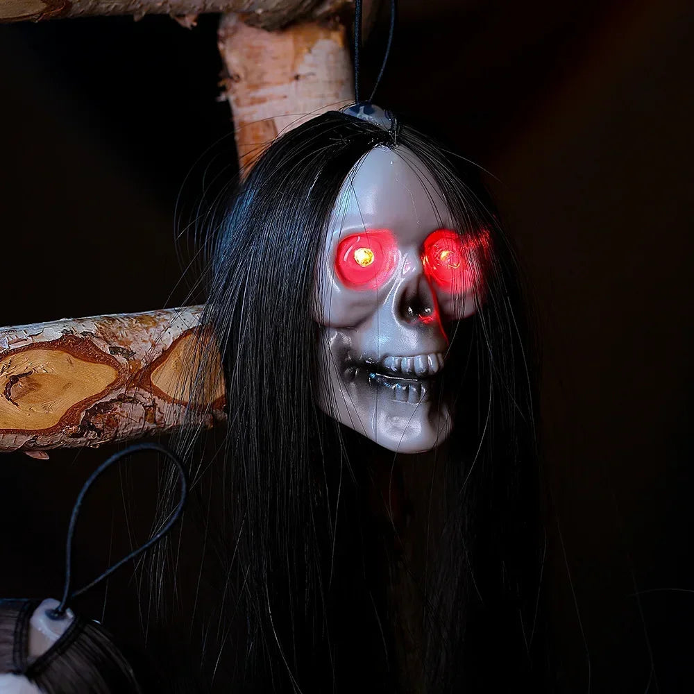 Halloween Hanging Ghost Skull – Glowing Eyes & Long Hair Decor