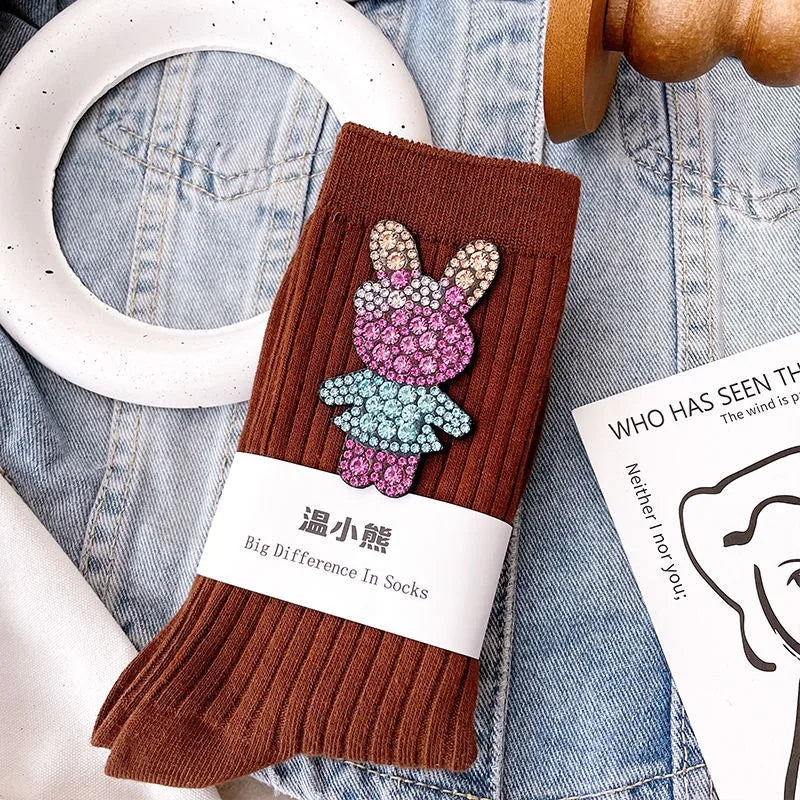 Diamond Cartoon Rabbit Decorative Socks, Fashionable Diamond Sparkling Women's Socks, Comfortable And Breathable Christmas Socks Peaceful Pleasures Health and Wellness Brown One Size