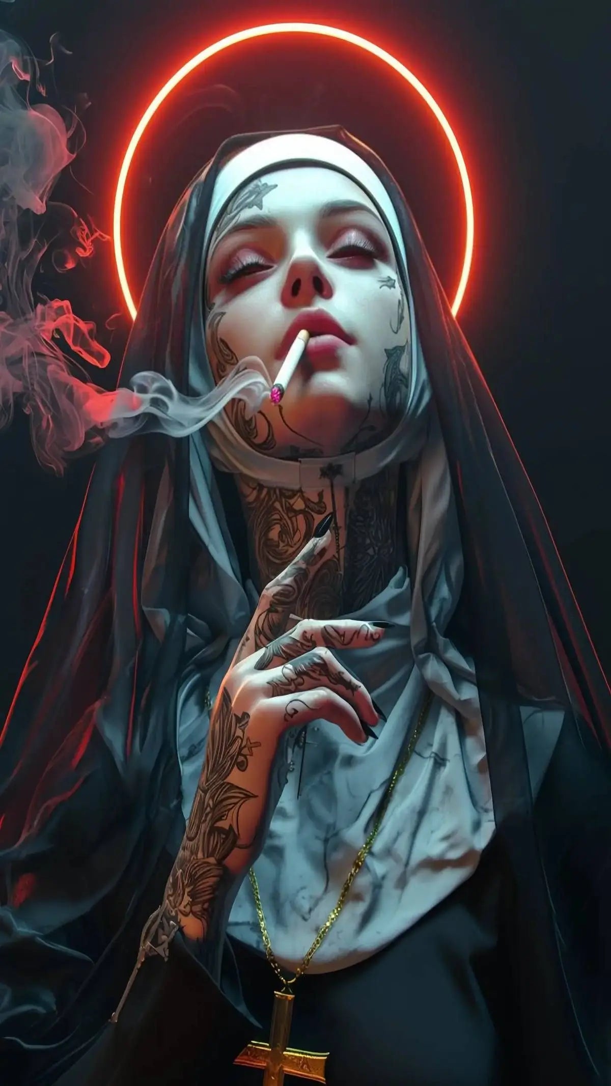 Smoking Nun Canvas Print Sexy Tattoo Machine Gun Nun Christian Wall Art Home Decor Peaceful Pleasures Health and Wellness 7 20x30cm Unframed