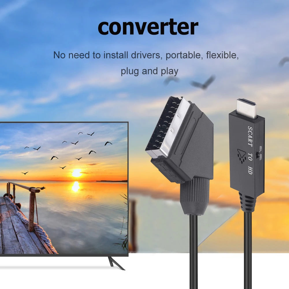 SCART to HDMI-compatible Converter Cable Video Audio Converter Adapter Scart in HDM Out Suport 720P/1080P Switch for HDTV DVD Peaceful Pleasures Health and Wellness