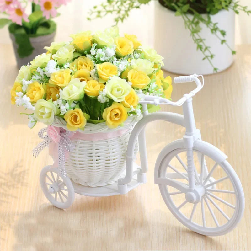 Silk Rose Artificial Flowers Bicycle Vase Desktop Bonsai Decor