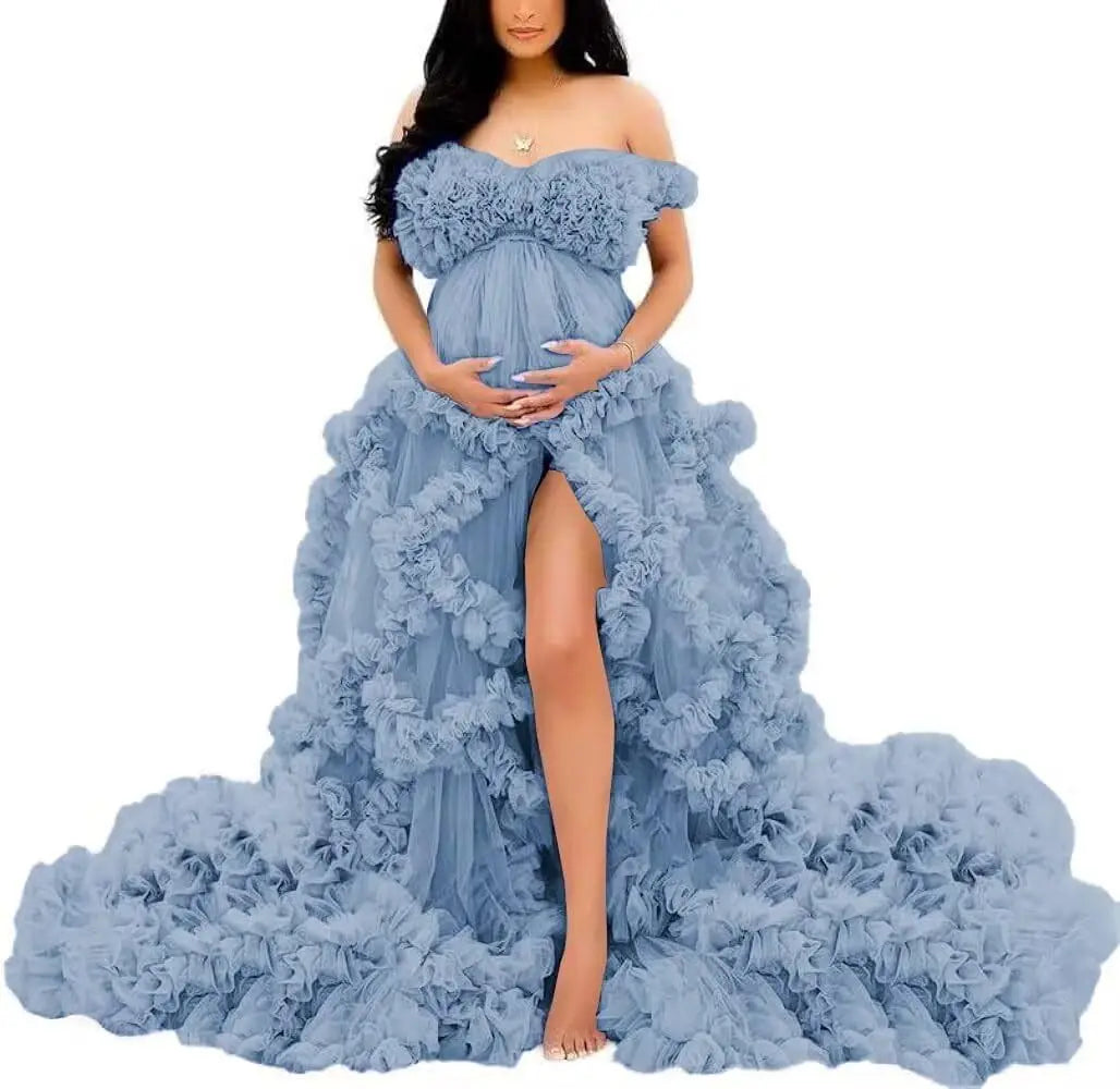 Photoshoot & Baby Shower Tulle Maternity Dress - Off Shoulder, Puffy Ruffles, Elegant Long Robe for Pregnancy Peaceful Pleasures Health and Wellness Dusty Blue US 4