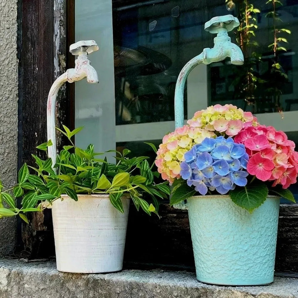 Rustic Metal Faucet Flowerpot | Vintage Iron Flower Bucket