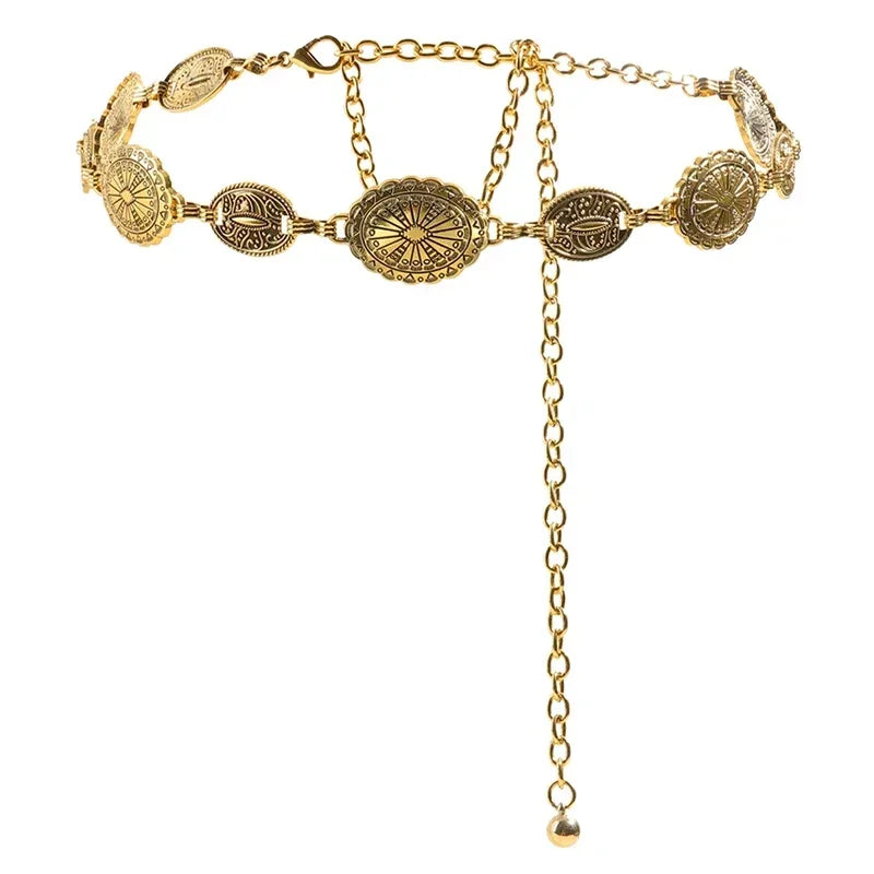 Retro Style Women's Metal Waist Chain - Decorative Circle Carved Chain Belt - High Style Accessories for Dresses & Jeans Peaceful Pleasures Health and Wellness Gold