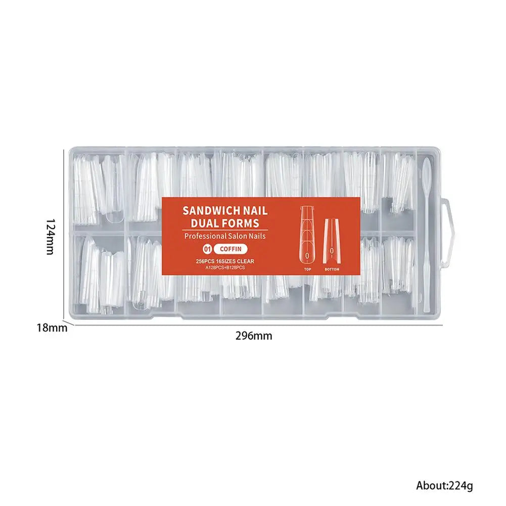 256Pcs/Box Nail Sandwich Dual Form Nail Tips Quickly Building Gel Form Nail System Full Cover Tips Nail Extension Form Peaceful Pleasures Health and Wellness