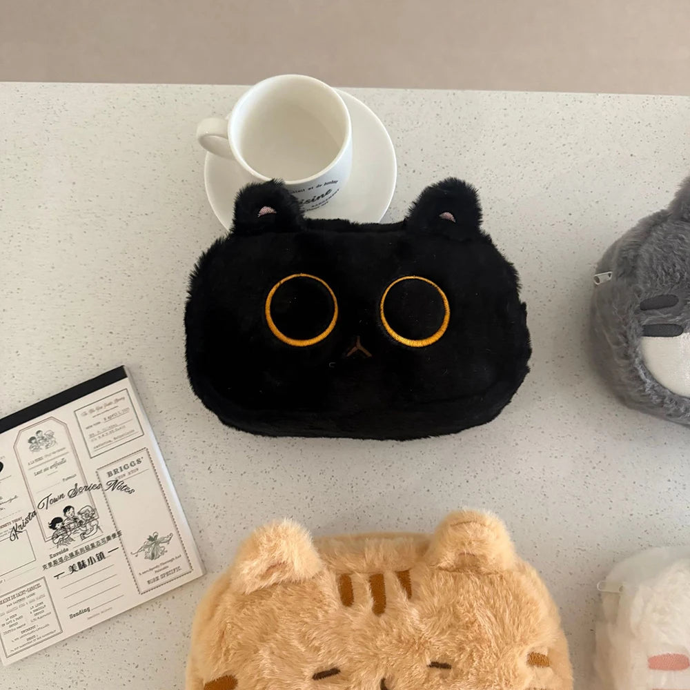Cartoon Plush Cat Student Pencil Case Embroidered Cute Large Capacity