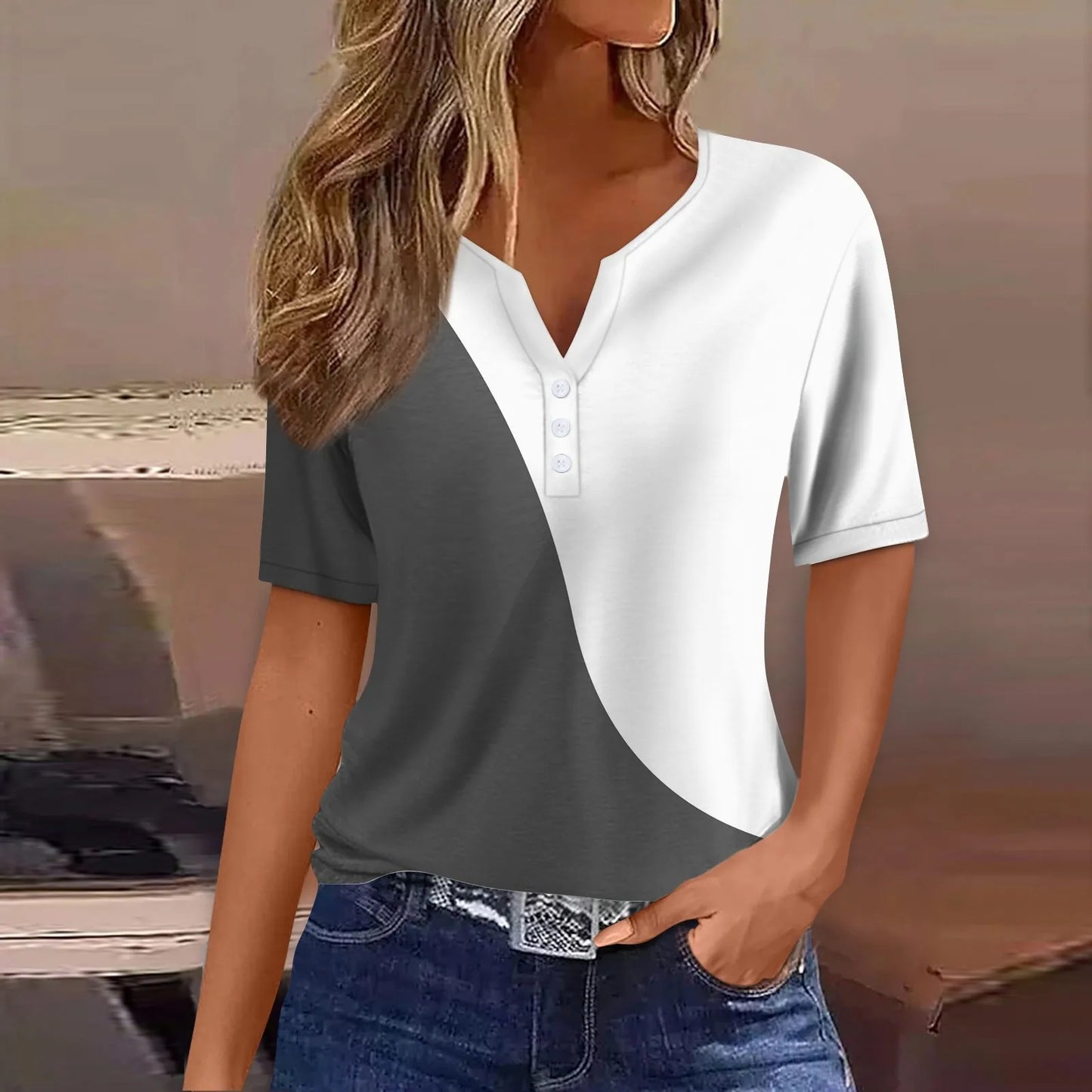 Women's Patchwork V-Neck T-Shirt | Casual Short Sleeve Button Top