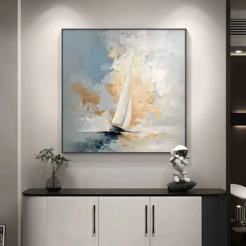 Sea Sailboat Abstract Art Oil Painting Handmade Canvas Hanging Poster Modern Decorative Mural For Living Room Bedroom Restaurant Peaceful Pleasures Health and Wellness