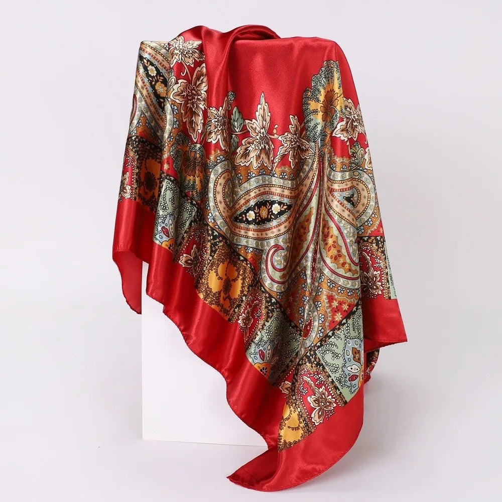 90x90cm Satin Square Scarf – Bohemian Floral Hair Wrap & Shawl
