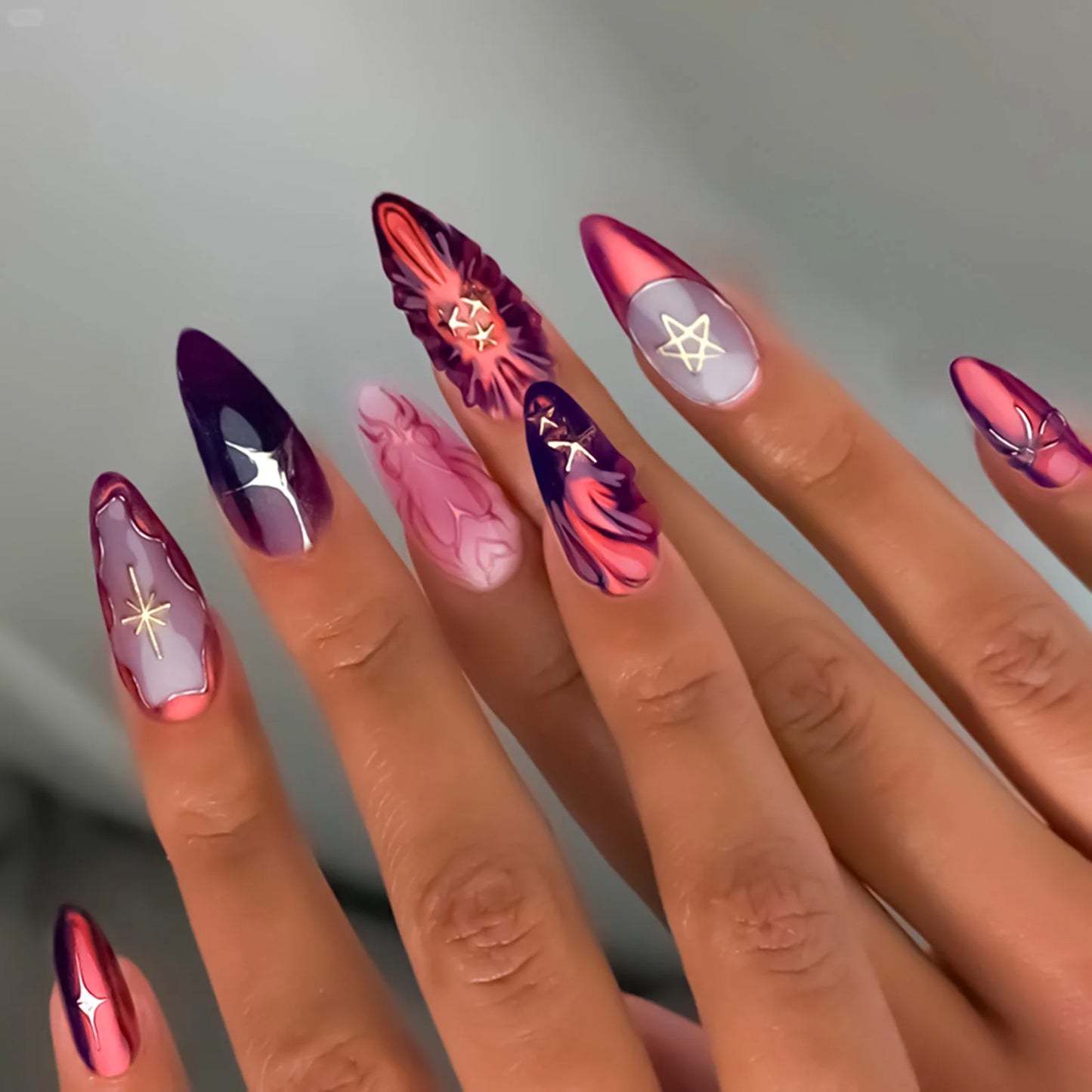3D Star French Press On Nails – Deep Red Y2K Almond 24pc Set