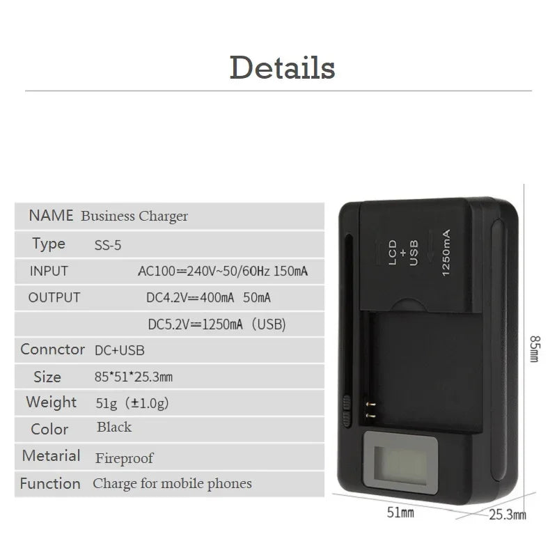 Mobile Battery Charger Universal LCD Indicator Screen USB-Port For Cell Phone Chargers 32-55mm Battery Charging US UK EU Plug Peaceful Pleasures Health and Wellness