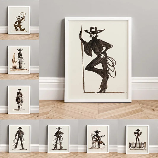 Western Cowboy Cowgirl Line Poster Retro Southwestern Rodeo Fashion Ranch Canvas Painting Wall Art for Living Room Home Decor Peaceful Pleasures Health and Wellness