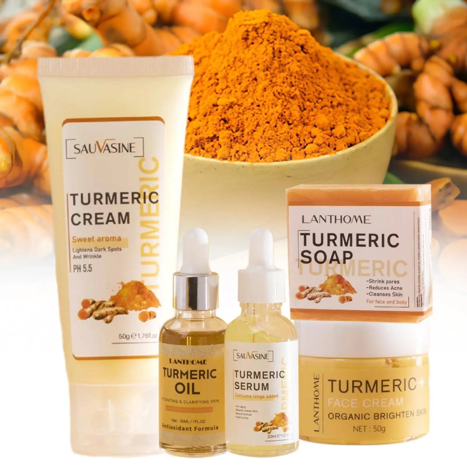 Jaysuing 5-Piece Turmeric Facial Skincare Set – Serum, Cleansing Cream, Oil, Moisturizer & Soap for Radiant, Clear Skin Peaceful Pleasures Health and Wellness 5pcs set