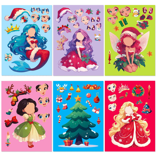 Bview Art Christmas Princess Face Change Stickers Puzzle Doodle DIY Peaceful Pleasures Health and Wellness 6pcs