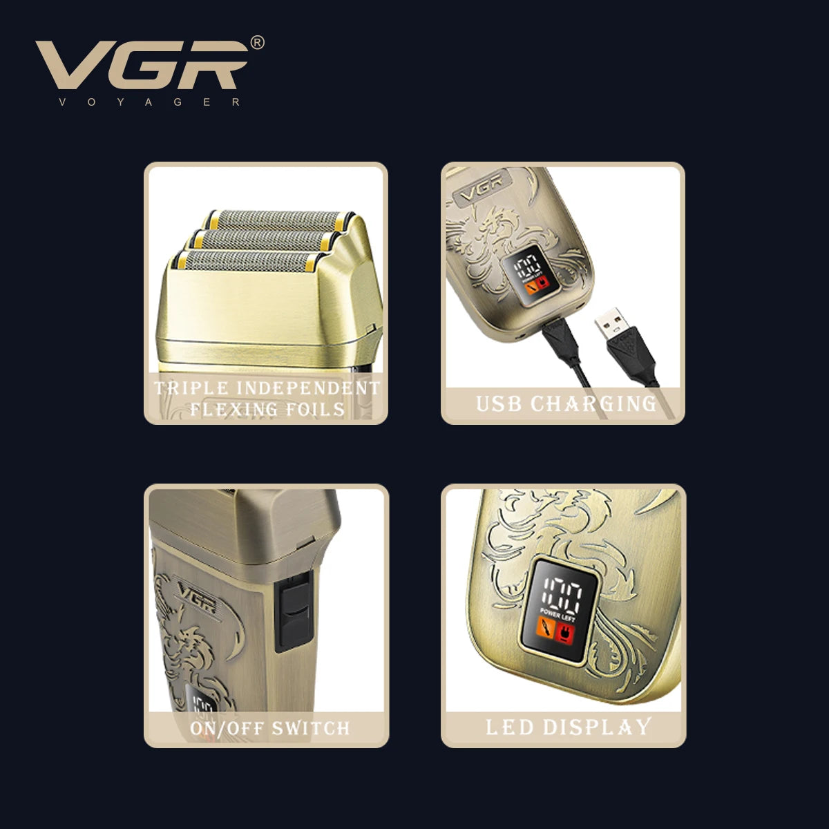 VGR Retro Metal Shaver Three Blade Deep Cleaning Shaver Embossed Body Intelligent Digital Hair Trimmer Hair Whitening V-349 Peaceful Pleasures Health and Wellness