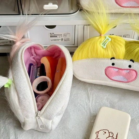 DIY Fluffy Hair Afro-Hair Doll Pen Bag Large Capacity Kawaii Pencil Case Holder Funny Zipper Soft Pen Bag Gift Peaceful Pleasures Health and Wellness